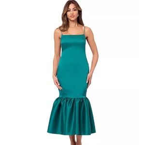 Betsy & Adam Women’s Flounce Hem Curve Waist Midi Dress NEW Party Green
